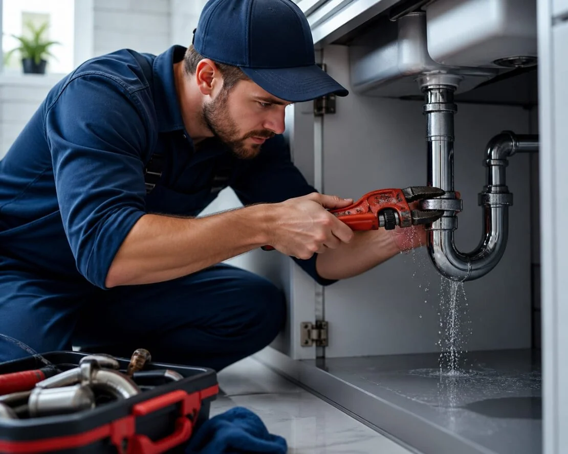 Plumber with tools ready for emergency repair